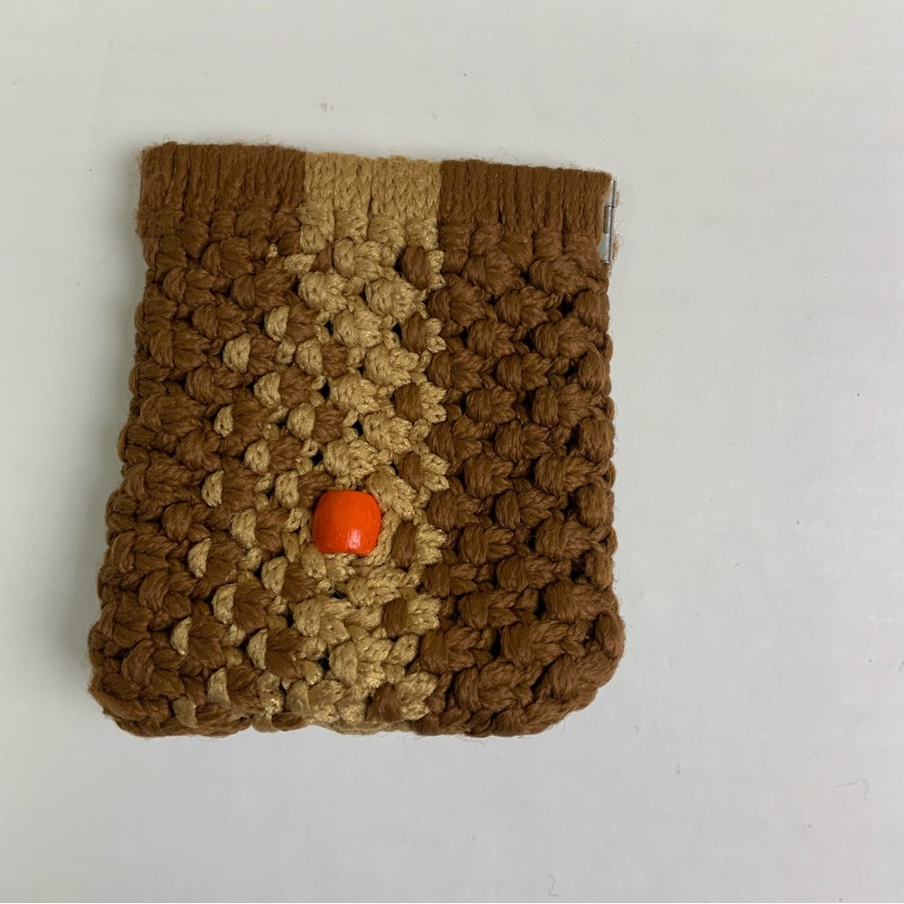 Macrame Vintage Coin Purse Brown Tan Orange Bead Squeeze Hinged Retro Boho Hip